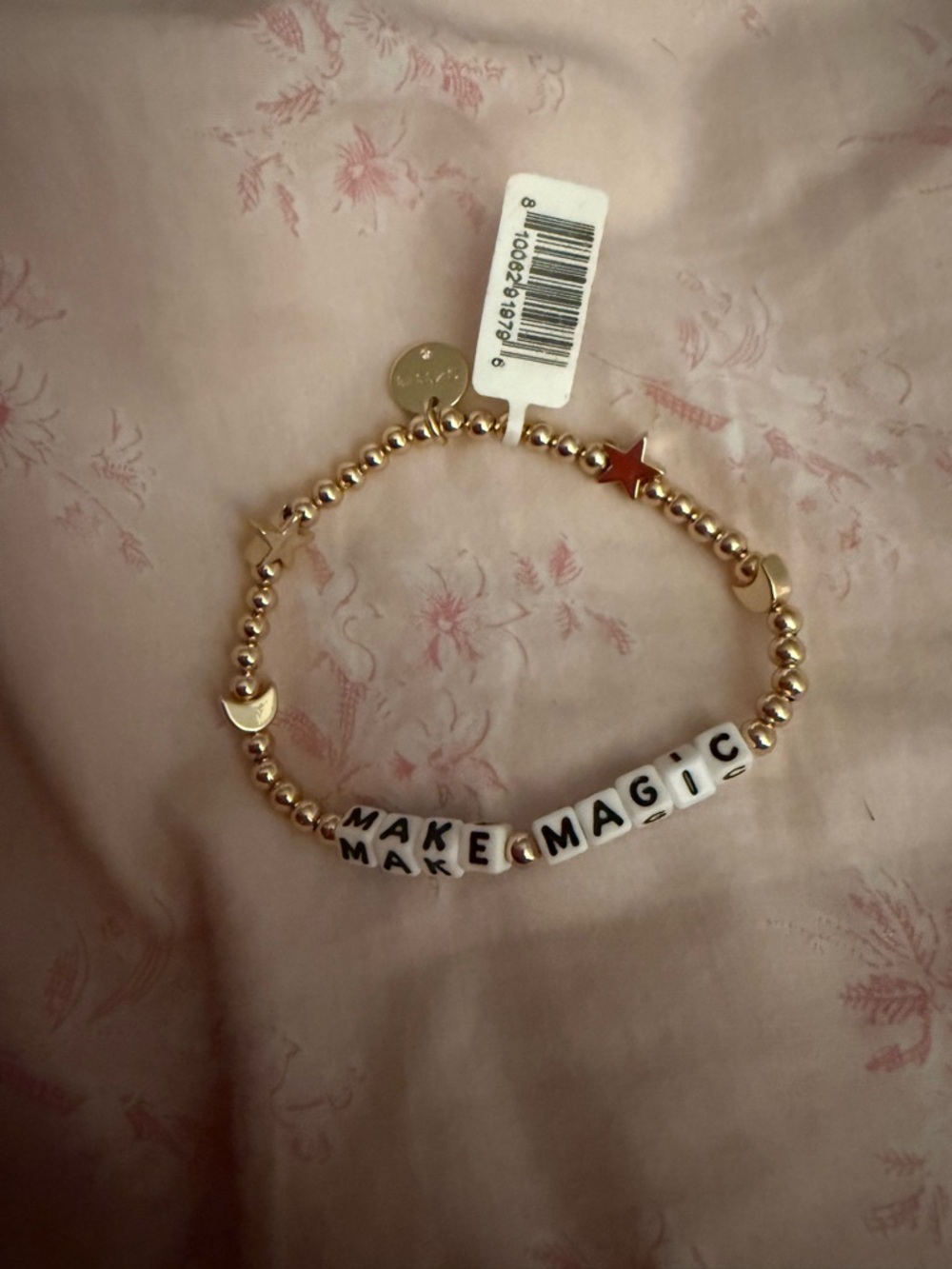 ‘Make Magic’ Gold Bead Bracelet with White Letter Beads